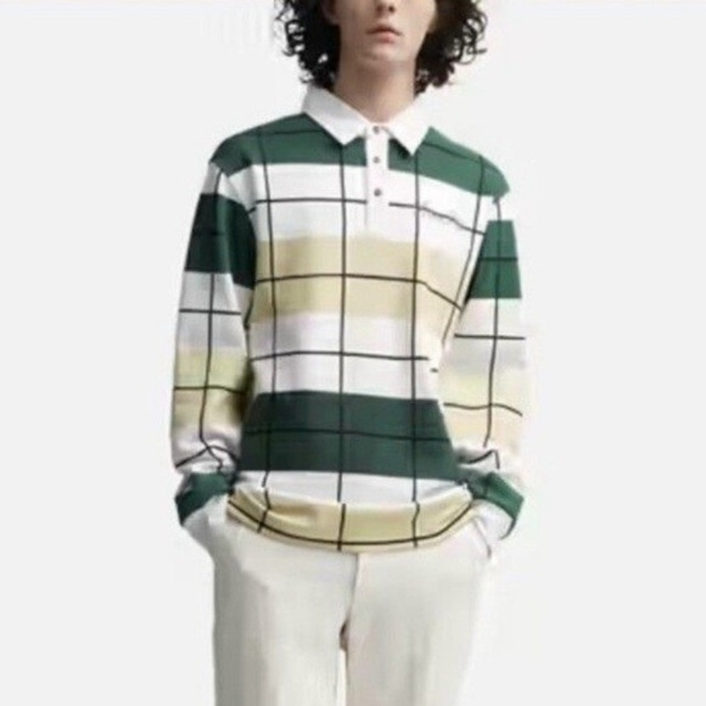 Bogey Boys Pique Knit Polo Shirt Long Sleeve Size Small Tan Green Check NWOT